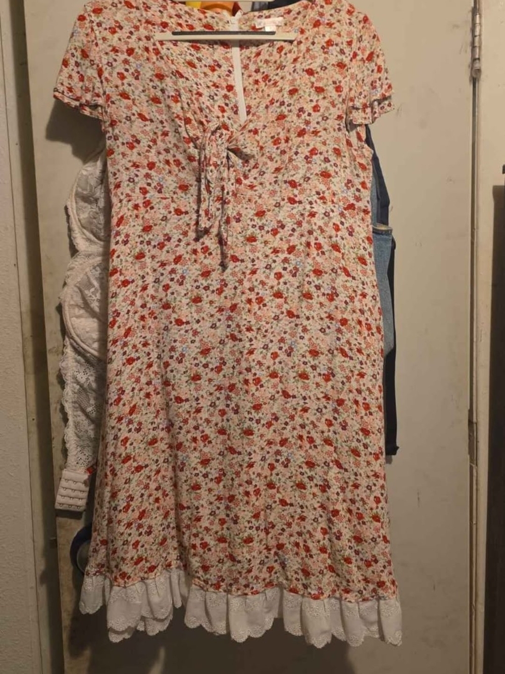 Womens Floral Tie-Front Dress in Cream and Red